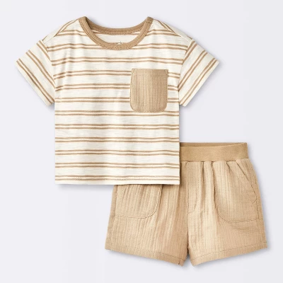 Baby Boys' 2pc Striped Pocket T-Shirt And Shorts Set - Cloud Island™ Tan 4 Baby Boys' 2pc Striped Pocket T-Shirt And Shorts Set - Cloud Island™ Tan - Image 4
